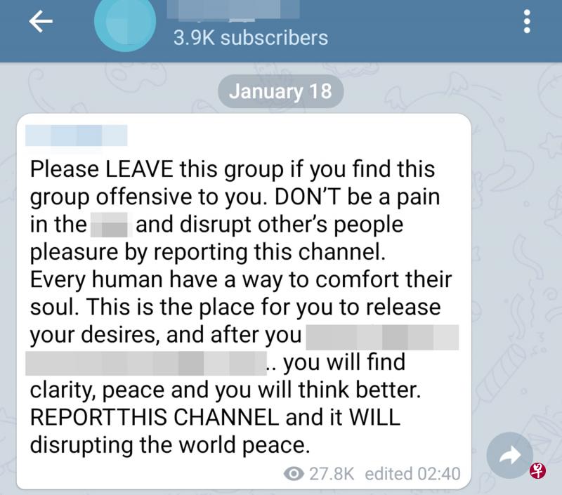 情色社交群组卷土重来，一名情色群组管理员指不喜欢群组的人可以退群，但千万不要举报他们，其言论令人发指。（网络截图）