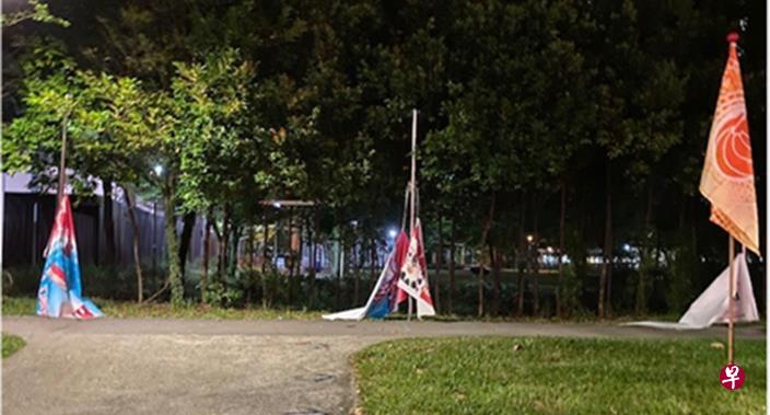 一名25岁男子涉嫌在榜鹅多处破坏多面国旗及国庆装饰，他将于8月3日被控上法庭。（警方提供） 