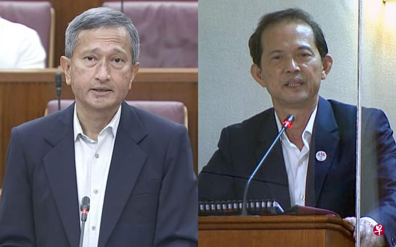 外交部长维文医生（左图）在国会开会时，私下嘲笑新加坡前进党非选区议员梁文辉（右图）。维文9月15日已致电梁文辉道歉。（gov.sg视频截图） 