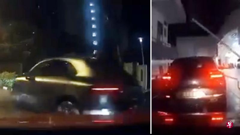 左图：保时捷撞上他人车子后，没停下反而加速逃；右图：保时捷在逃跑中，驶入附近的一座公寓。（面簿视频截图） 