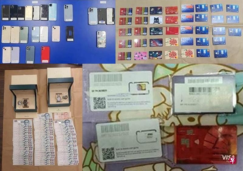 警方查获（左起，顺时针）一组手机、银行卡、SIM卡、2760元的现金、以及两只劳力士（Rolex），总值3万5600元。（新加坡警察部队提供） 