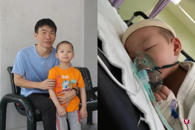 左图：吴泓昌的父亲目前停职，陪儿子在新加坡接受治疗。（吴伟国摄）右图：吴泓昌本来在马国接受化疗，后来到新加坡进行治疗。（取自Give.asia） 
