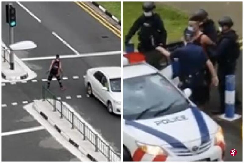一名男子昨午被指在万国广场挥砍武士刀，随机攻击往来车辆和路人，被五名公众联手制伏。（视频截图） 