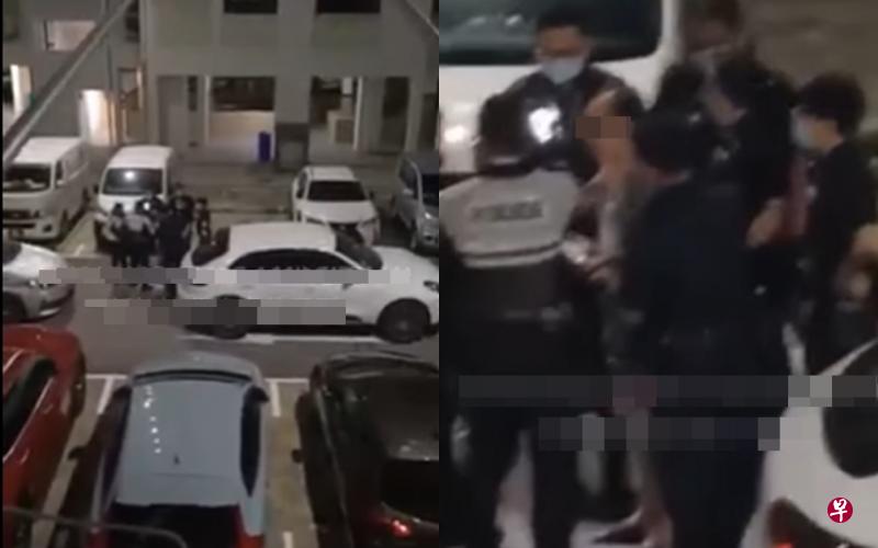 在视频中，一名身穿便服拖鞋，戴眼镜的中年男子，被七八名警员围住问话。（网络视频截图） 