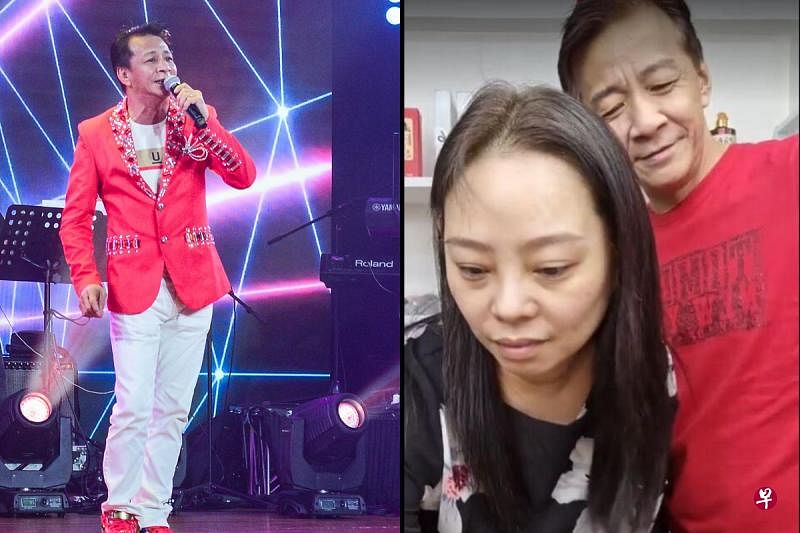 左图：俊龙登台演出。（档案照）右图：俊龙和太太洪乙萍直播。（取自面簿） 