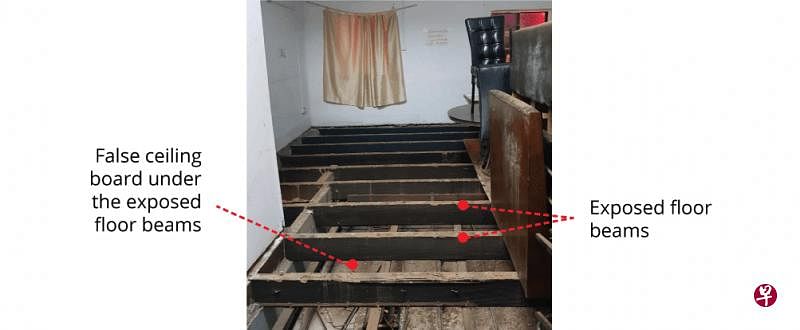 一名66岁的建筑公司老板，在检查店屋二楼的地梁时失去平衡，不慎跌穿假天花板，坠落地面送院后身亡。（工作场所安全与卫生理事会提供） 