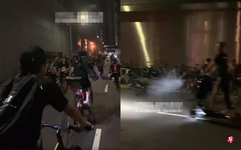 左图：一群电动脚踏车骑士在昏暗的后巷聚集鸣笛和喧闹。（取自面簿） 右图：现场还有人骑着个人代步工具（PMD）穿行后巷马路。（取自面簿） 