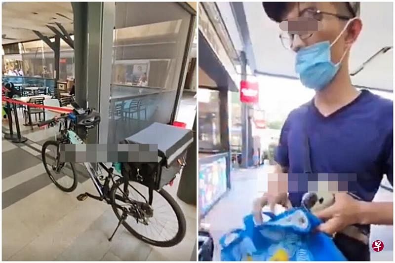 （左图）送餐员到商场取餐，短短10分钟内，脚踏车就被偷走；（右图）男子涉嫌偷脚踏车、骂粗口，甚至还动手打人。（取自SgFollowsAll Instagram）  