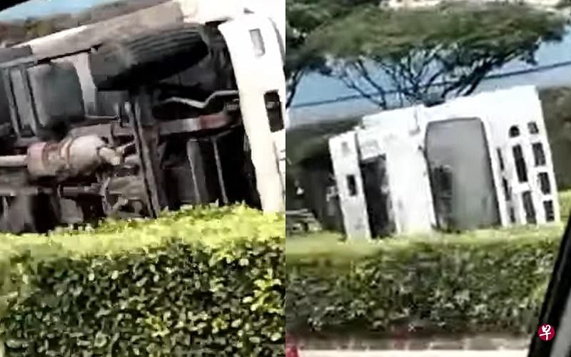 中央快速公路清晨发生交通事故，一名男子疑酒驾撞上一辆罗厘，导致罗厘侧翻。（截图取自ROADS.sg面簿） 