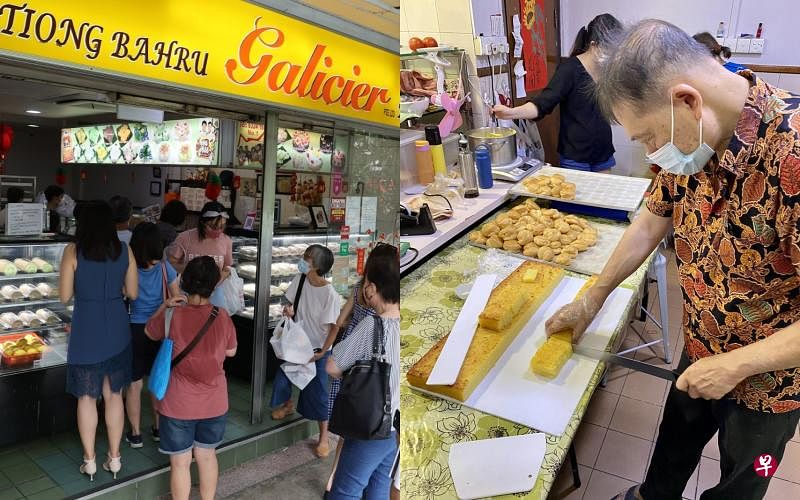 （左图）Galicier糕饼铺今天最后一日营业，大批食客前来排队。（右图）Galicier糕饼铺老板陈勇向今早忙得不可开交。（蔡振鸿摄） 