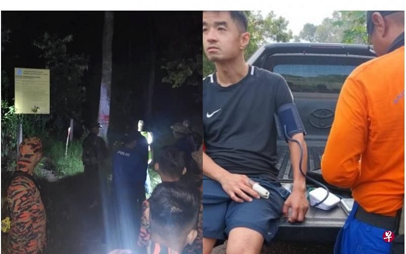 （左图）当地警方星期六与消防局、森林局及民防部队（APM）组成队伍展开搜救工作，但一无所获。（右图）男子（左）登山迷路后，自行拨打999紧急电话求助。（柔佛消拯队/哥打丁宜警方提供） 