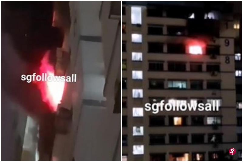 巴西立12街第198座组屋星期五晚发生火患，事发单位冒出熊熊火焰和黑烟。（网络视频截图） 