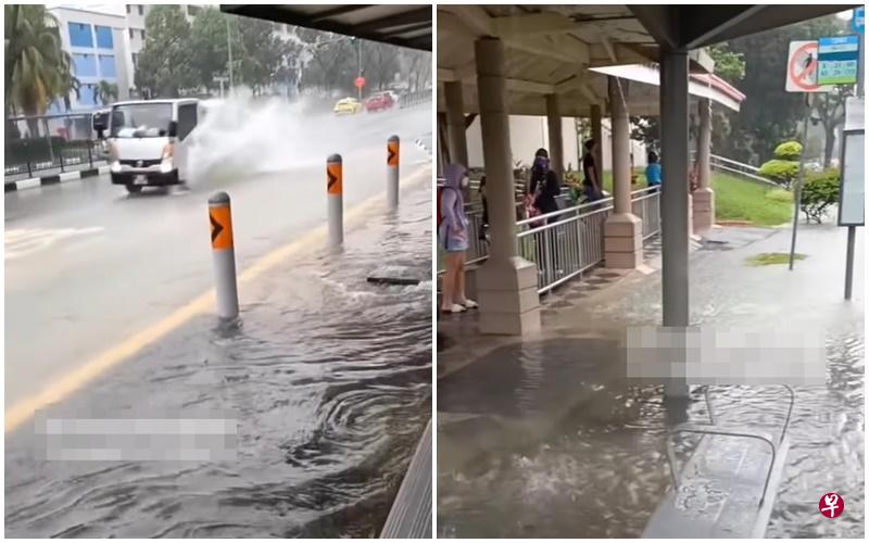 下雨导致巴士站淹水，变成“水池”，许多公众只好“躲”在后方等车。（取自Instagram） 