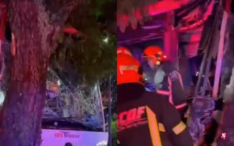 新捷运巴士在车祸中撞上大树，巨大撞击力导致车镜爆裂、保险杠脱落，侧门更被撞至变形。不少民防部队人员在草丛走动准备救援。（取自网络） 