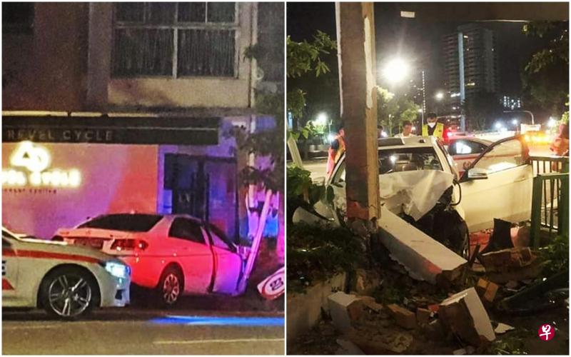 中年德士男司机疑酒驾，凌晨将德士开进店屋走廊，撞损护栏、路牌和墙柱。（取自脸书） 