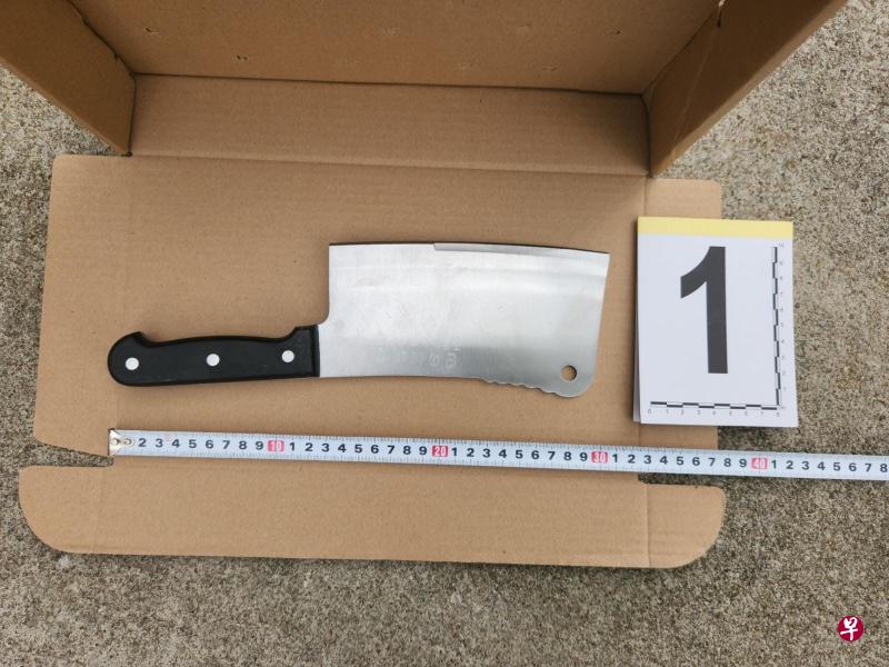 31岁男子因涉嫌持危险武器蓄意伤人被警方逮捕，警方在附近的垃圾桶内起获一把全长约30公分的菜刀作为证物。（警方提供） 