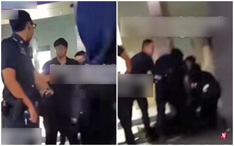 左图：涉事男子身材高大，戴着眼镜。（视频截图） 右图：涉案男子被四名警员制伏。（视频截图） 