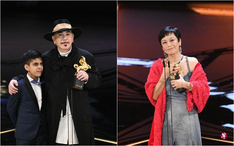 左图：夺影帝的黄秋生（右）带着《白日青春》的小演员上台领取最佳男主角奖。右图：张艾嘉凭《灯火阑珊》得影后，是她的第三座金马影后奖。（金马执委会提供） 
