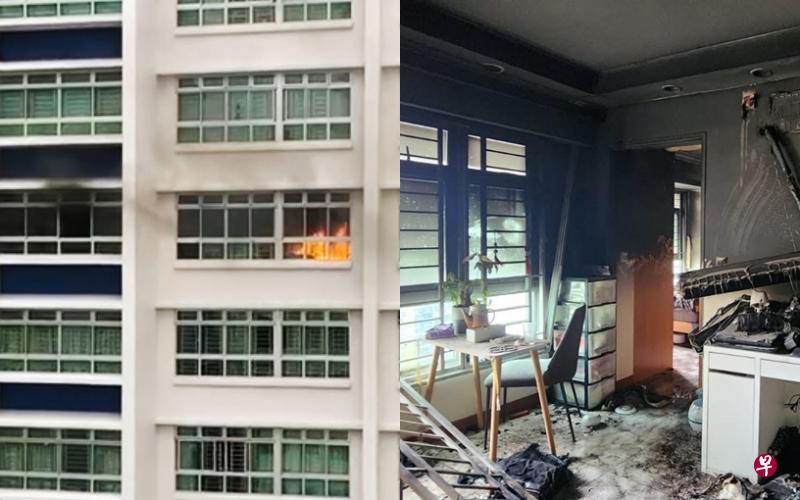 （左图）组屋单位发生火患时的情况。（右图）失火单位被烧得一片狼藉。（受访者提供） 