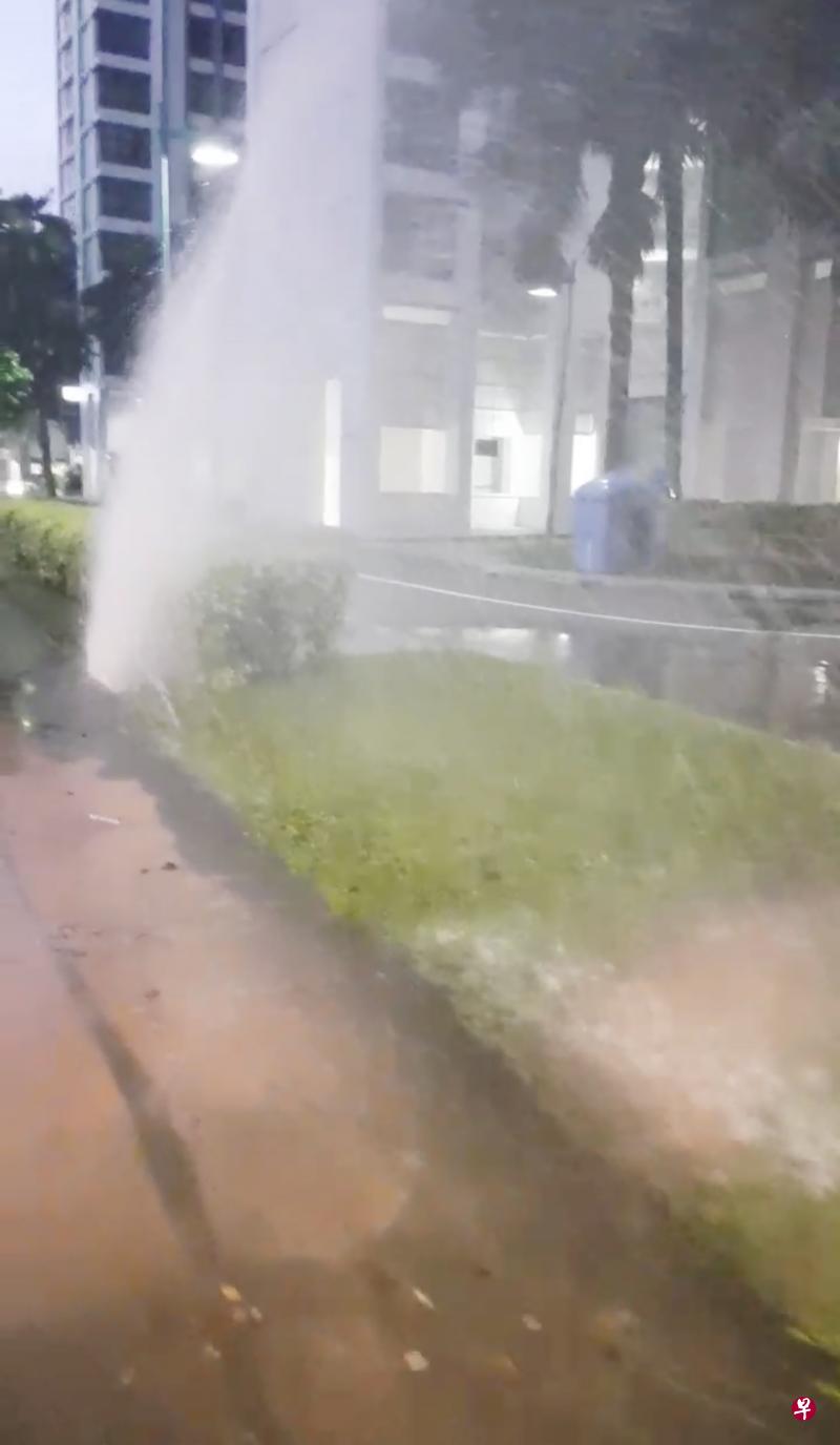 友诺士湾路边地下水管爆裂，水管喷出的水柱达约五六米高。（读者提供） 