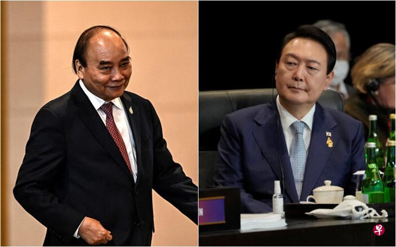 韩国总统尹锡悦（右）和到访的越南国家主席阮春福星期一（12月5日）下午将举行首脑会谈。（路透社） 
