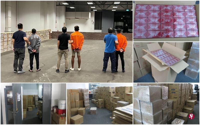关税局突击阳景路工业单位，在多个箱子中起获逾9000条漏税烟。（新加坡关税局提供） 