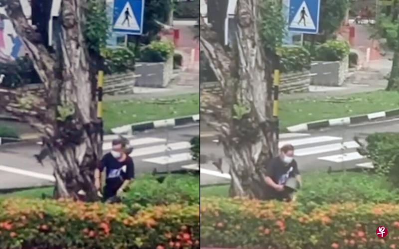 阿叔似乎拿着饭锅和勺子把食物撒在草地上，最后还把整个锅倒过来，把食物倒在地上。（读者提供） 