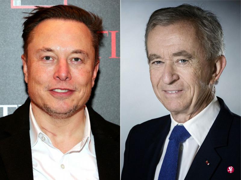 在这今年12月份里，马斯克（左）被拥有路易威登（Louis Vuitton）的LVMH背后的法国奢侈品大亨阿尔诺取代了。现在的世界首富是阿尔诺。（法新社） 