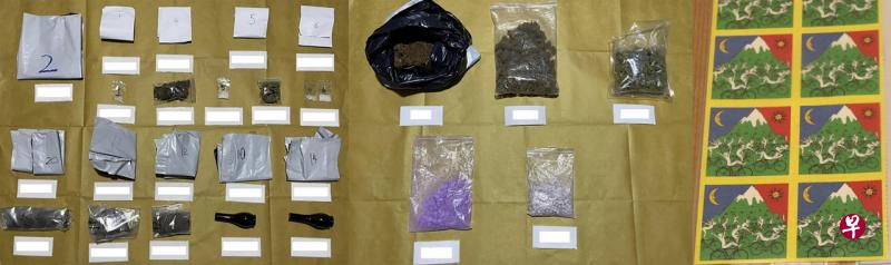 肃毒人员在逮捕行动中一共查获了约1.073公斤大麻、85克冰毒、43克氯胺酮（俗称克他命）、310克爱它死药丸、538颗艾利敏5号药丸和198枚麦角酸酰二乙胺（LSD）毒邮票。（肃毒局提供） 