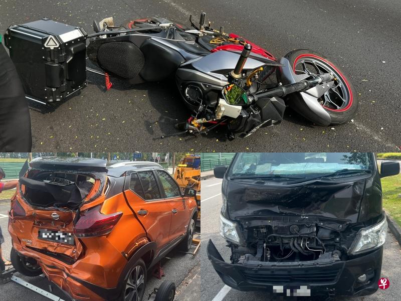读者告诉记者，一辆货车（右下）来不及刹车，与电单车碰撞后，失控撞向一辆汽车。（读者提供） 