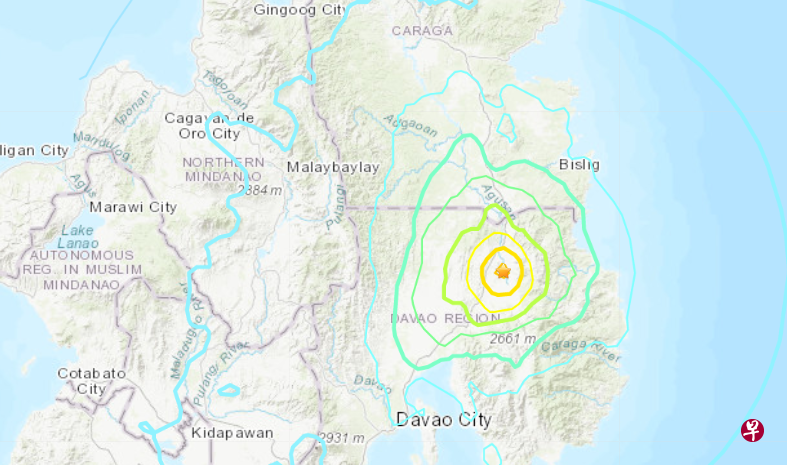 地震发生在棉兰老岛达沃德奥罗省的蒙卡约市附近。（美国地质调查局网页截图） 