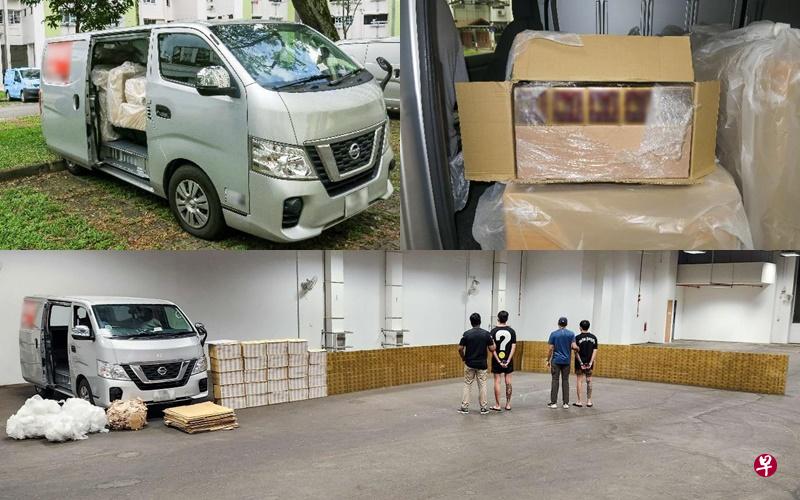 新加坡关税局上星期五（2月17日）在裕廊东展开执法行动，逮捕两名本地男子（下图），同时起获1600条漏税香烟。（新加坡关税局提供） 