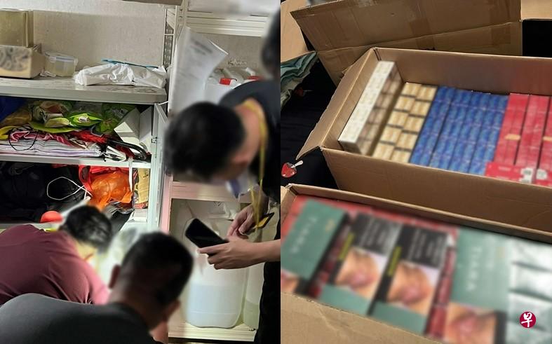 左图：一些漏税香烟疑藏匿在男子的工作场所。右图：在男子住所起获的漏税香烟整齐地存放在箱子内。（取自新加坡关税局脸书） 