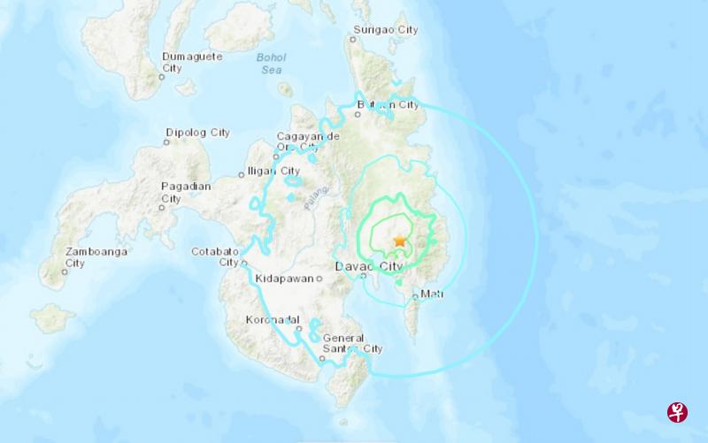 法新社报道，星期二（3月7日）下午2时，菲律宾棉兰老岛发生6.0级的浅层地震。（美国地质调查局网站截图）
 