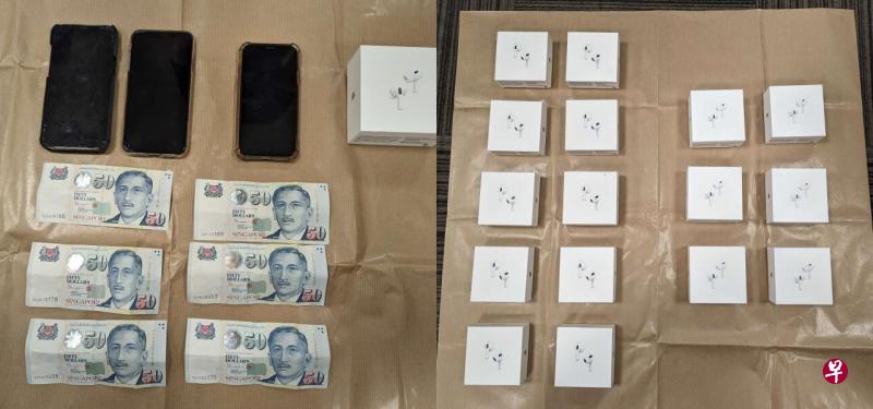 警方起获18盒冒牌耳机，以及三台手机作为证物。（新加坡警察部队提供） 