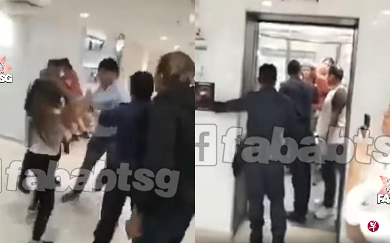 左图：视频内容显示两组人在幸运商业中心二楼的走廊上争吵，其中三人动手互殴。右图：数名警员将两名男子带入电梯。（视频截图） 