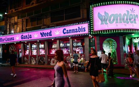 曼谷街头有许多大麻产品商店，素坤逸（Sukhumvit）街区这家大麻产品商店打着显眼的招牌吸引顾客。（法新社）