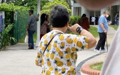 社媒小红书一用户星期五上午上载的一张照片显示，有个妇女穿了印有黄梨图案的上衣前去投票，相信被选务人员拒于投票站外，须返家更衣再来。（取自社交媒体小红书）