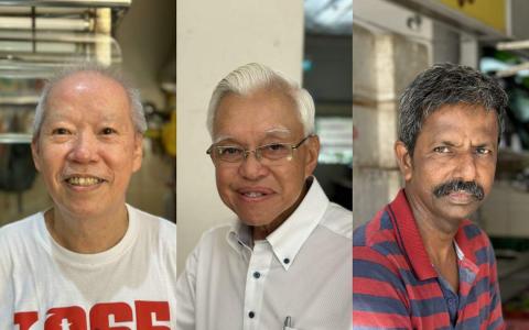 庄锦才（左）指出，尚达曼参选总统前，经常到熟食中心走访，非常有亲和力。吴炳忠（中）指出，尚达曼从心底关心人民，所以有这么多人在这次选举中支持他。穆尔蒂（右）笑说，尽管这几天黄梨的需求激增，但他并没有坐地起价。（马华卿摄）