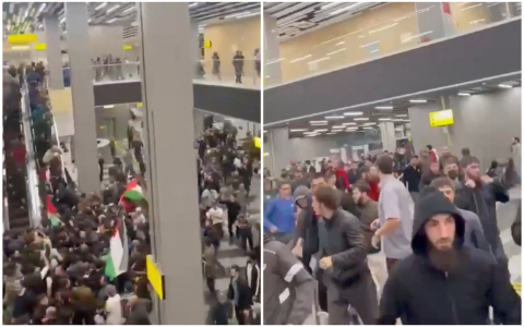 视频截图显示，大批亲巴勒斯坦示威者硬闯俄罗斯达吉斯坦首府机场。（路透社）