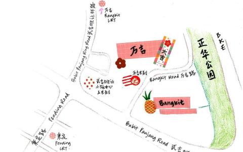 距离武吉班让地铁站1.7公里，被街坊称为“小牛车水”的万吉，是武吉班让的人气区块，人潮不输地铁站附近的商场。（记者手绘）