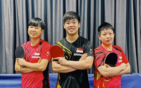 （左起）周靖祎、郭勇，以及曾尖作为我国乒坛目前的生力军，将首次登上奥运会舞台。（新加坡乒乓总会提供）