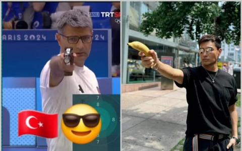 被网民指撞脸射击好手迪凯区，陈展鹏在社交网上载持香蕉扮“持枪”的照片。（取自网络）