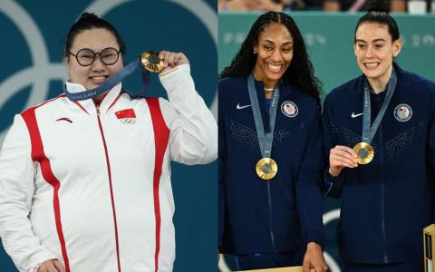 巴黎奥运会收官，中美首次奥运金牌数并列第一。图左为中国举重运动员李雯雯，她在星期天（8月11日）获女子举重81公斤以上级冠军，为中国队拿下第40金。右图为美国女子篮球队员星期天为美国队夺下第40金后上台领奖。（中新社、路透社）