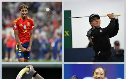 西班牙足球小将亚马尔（左上）、新西兰高球女将高宝璟（右上）、瑞典撑杆跳天王杜普兰蒂斯（左下）和中国网球女将郑钦文（右下）都是在本届欧锦赛和巴黎奥运会夺牌后，依旧表现亮眼的运动员。（法新社、路透社）