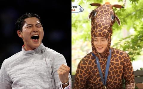 长相俊俏的吴尚旭（左）在巴黎奥运会达成佩剑个人和团体赛双金，回国后邀约不断。右图为他穿上长颈鹿服装作客《超人回来了》节目，到上届金牌队友金准镐家中带娃。（路透社、截图自《超人回来了》YouTube）