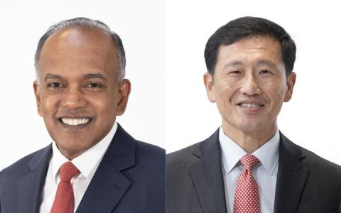 新加坡国家安全统筹部长兼内政部长尚穆根（左）将出席“亚洲前瞻峰会”开幕对谈，社会政策统筹部长兼卫生部长王乙康（右）则出席闭幕对话。（数码发展及新闻部提供）