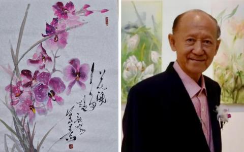 更生美术研究会会长陈钦赐展出胡姬花水墨画。（更生美术研究会）