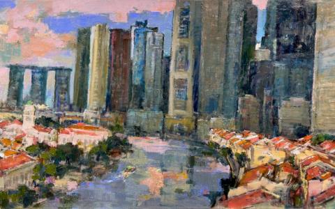 陈楚智巨画《新加坡建国60周年天际线》。（嘉合画轩提供）