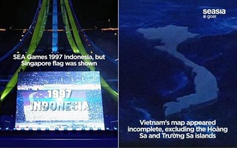 泰国东运会的开幕式失误连连，不仅将新加坡国旗和印尼国旗混淆（左上），还在地图展示环节忽略了越南的附属岛屿（右上），并在亮灯环节唯独没有亮起柬埔寨的灯（下）。（取自Seasia Goal脸书）